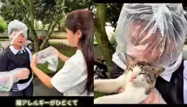 A cat lover with severe allergies finds an unusual way to get close to their pet, what happens next in this viral Japanese clip has left millions both amused