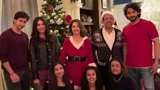 Mahesh Babu twins in red with daughter Sitara during Christmas celebrations