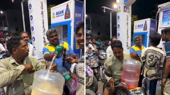 Man buys fuel in a plastic water jar at crowded TN petrol pump