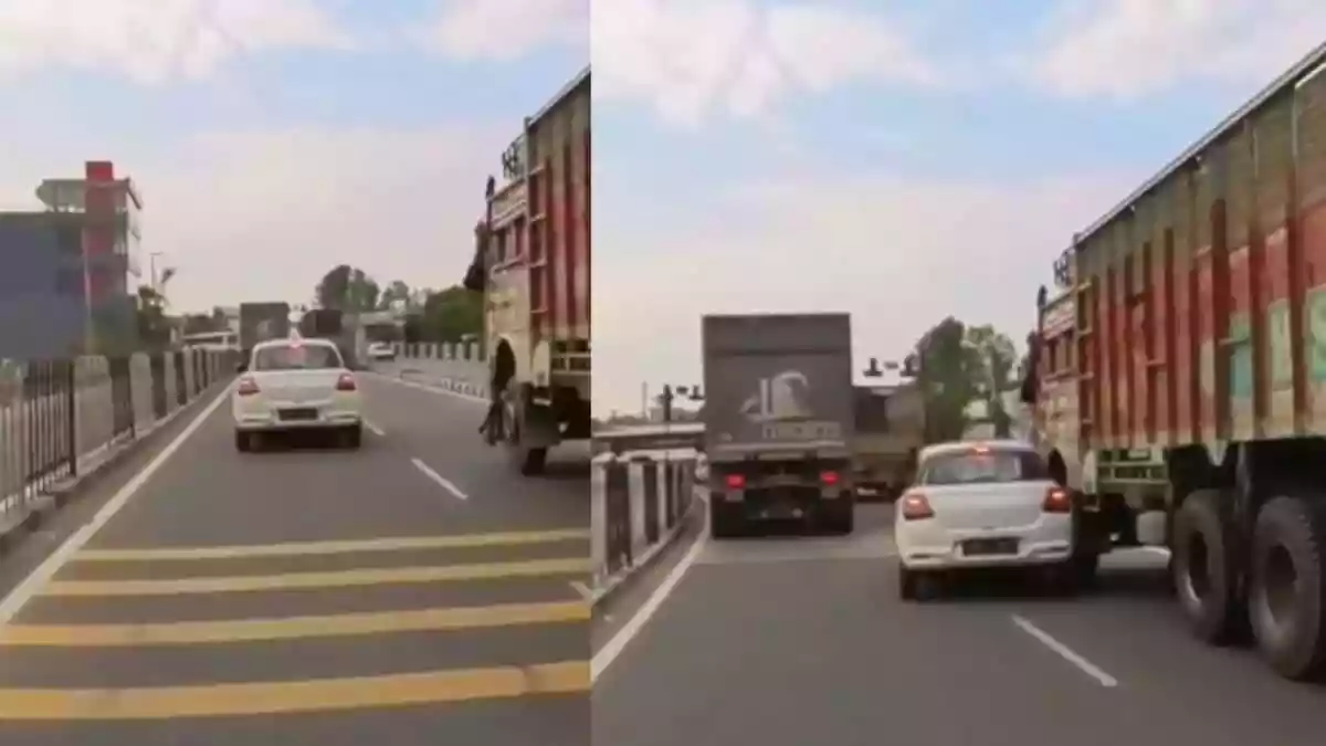Many road accidents occur when drivers miscalculate overtaking or abruptly change lanes without checking their mirrors. Such carelessness can risk lives and damage vehicles. Speaking of which, a video has gone viral, showing a brand-new car getting trapped between two speeding trucks. Fortunately, no one was injured.