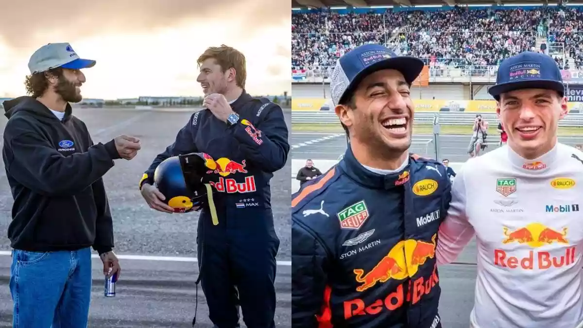 F1 fans were sent into a frenzy after Max Verstappen urged Daniel Ricciardo to jump back in a race car during a surprise reunion in a new Red Bull-backed video