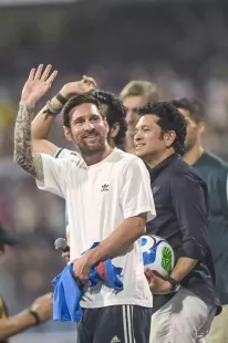 India's cricket legend Sachin Tendulkar walked across the Wankhede Stadium outfield towards Argentina's football superstar Lionel Messi on a Sunday evening
