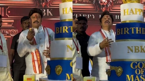 Nandamuri Balakrishna turned 65 on 10 June and his birthday was celebrated in a grand manner. The internet was tickled by a video of him cutting cake. Actor-politician Nandamuri Balakrishna turned 65 on 10 June. His birthday was recently celebrated, complete with a three-tiered cake and a grand celebration. A video of the actor flipping a knife in his trademark style before cutting the cake now has the internet tickled. (Also Read: Balakrishna roped in for a crucial role in Rajinikanth-Nelson Dilipkumar's Jailer 2; everything we know)