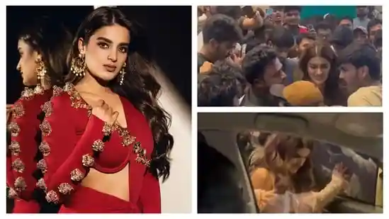 Nidhhi Agerwal gets mobbed at The Raja Saab event in Hyderabad