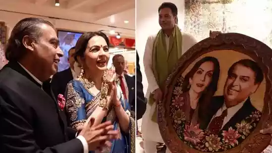 Nita and Mukesh Ambani were presented with a handcrafted portrait at the Swadesh flagship store launch in Mumbai on December 5. The portrait captured the power