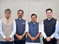 BJP National President Nitin Nabin met and welcomed the Rajya Sabha MPs Raghav Chadha, Sandeep Pathak, and Ashok Mittal at the BJP Headquarters in Delhi after