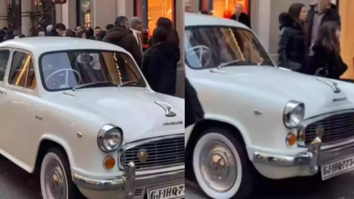 OG’ Ambassador Car With Gujarat Number Plate Parked Outside Louis Vuitton Store In Italy 