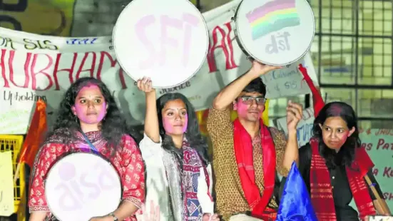 In the celebrations after the Left Unity won all four posts in the Jawaharlal Nehru University Students' Union (JNUSU) beating RSS-backed Akhil Bharatiya