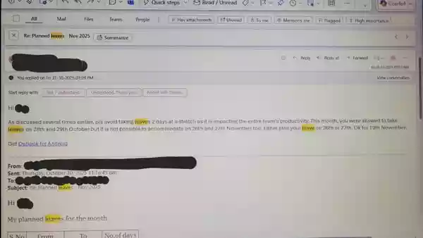An India-based retail banker has triggered an online discussion after sharing a screenshot of an email in which his manager refused to approve his planned