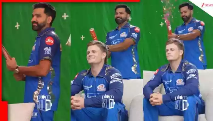 Rohit Sharma’s funny MI ad shoot video goes viral after his 78 vs KKR. Watch what happened with the party popper. A light-hearted behind-the-scenes clip