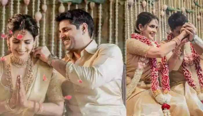 Bigg Boss Tamil fame Samyuktha Shan tied the knot with former CSK cricketer Aniruddha Srikanth in a beautiful and traditional South Indian ceremony attended by