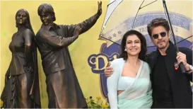Bollywood superstar Shah Rukh Khan reunited with his Dilwale Dulhania Le Jayenge (DDLJ) co-star Kajol in London's Leicester Square to unveil a bronze statue