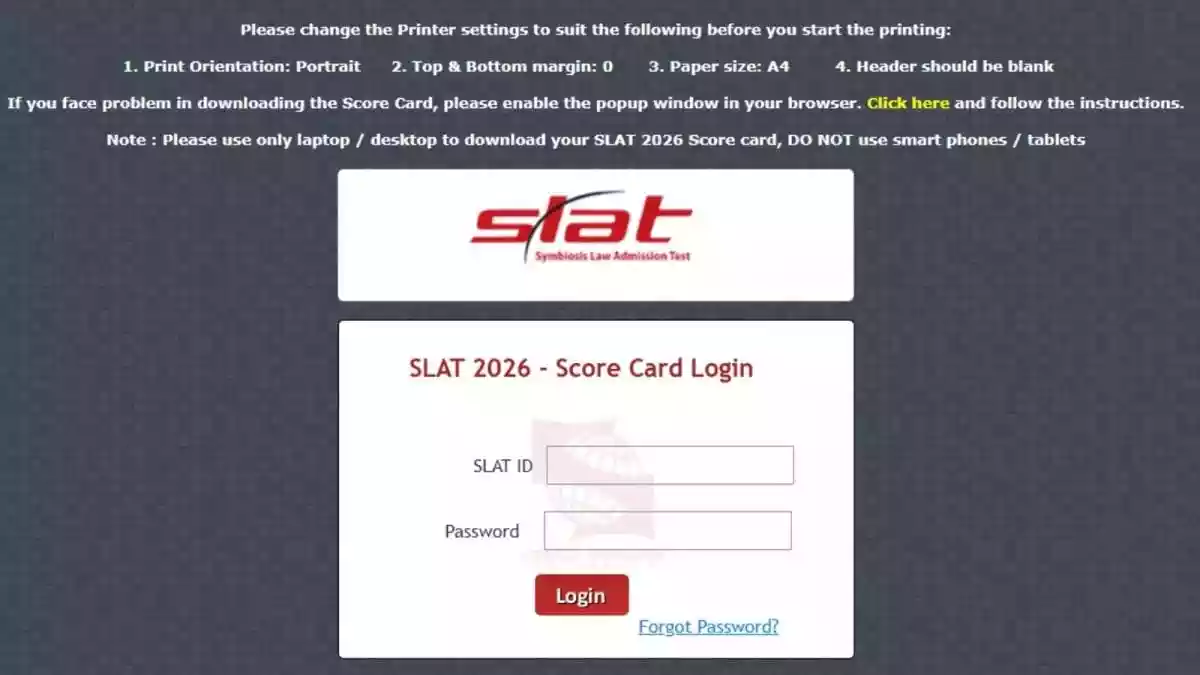 SLAT Result 2026: The Symbiosis International University has released the Symbiosis Law Admission Test (SLAT) 2026 result. The result link is now active on the