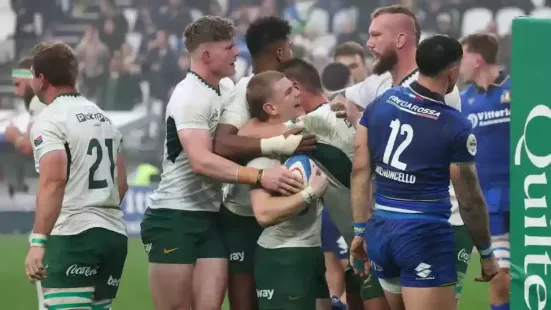 Tries:</b> Van Staden, Van den Berg, Williams, Hooker Cons:</b> Pollard 2, Libbok Pens:</b> Pollard 2 South Africa overcame a first-half red