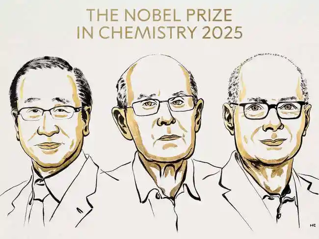 The 2025 Nobel Prize in Chemistry honours Susumu Kitagawa, Richard Robson, and Omar M. Yaghi. Their work on metal-organic frameworks revolutionizes material science. These porous crystals offer new possibilities for gas storage and environmental solutions. The Nobel season also recognized advancements in medicine, physics, and artificial intelligence. Award ceremonies will take place on December 10.The 2025 Nobel Prize in Chemistry honours Susumu Kitagawa, Richard Robson, and Omar M. Yaghi. Their work on metal-organic frameworks revolutionizes material science. These porous crystals offer new possibilities for gas storage and environmental solutions. The Nobel season also recognized advancements in medicine, physics, and artificial intelligence. Award ceremonies will take place on December 10.The 2025 Nobel Prize in Chemistry has been awarded to Susumu Kitagawa, Richard Robson and Omar M. Yaghi for their groundbreaking work in developing a new type of molecular architecture known as metal–organic frameworks (MOFs).<br><br>The announcement was made by the Royal Swedish Academy of Sciences on Wednesday. <br><br>The innovation behind MOFs lies in the way metal ions act as cornerstones, linked together by long, carbon-based molecules. Together, these components form organized crystals containing large cavities. By carefully choosing different building blocks, chemists can design MOFs to capture specific substances, drive chemical reactions, or even conduct electricity.<br><br>“Metal–organic frameworks have enormous potential, bringing previously unforeseen opportunities for custom-made materials with new functions,” said Heiner Linke, Chair of the Nobel Committee for Chemistry.<br><br><strong>Nobel Prize 2025: Physics prize awarded to John Clarke, Michel Devoret and John Martinis for breakthroughs in quantum tunnelling<br></strong><br>The story of MOFs began in 1989 when Richard Robson explored a novel use of atoms' inherent properties. He combined positively charged copper ions with a four-armed molecule, each arm ending in a chemical group attracted to copper. The result was a well-ordered, spacious crystal—akin to a diamond riddled with countless cavities. Robson quickly recognized the potential of this structure, but the early designs were unstable and prone to collapse.<br><br>Between 1992 and 2003, Susumu Kitagawa and Omar Yaghi built on Robson's work, providing the molecular architecture with a lasting foundation. Kitagawa 
