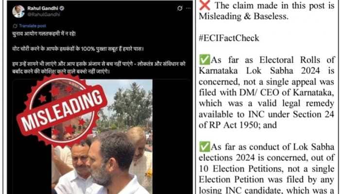 The Election Commission of India on Thursday fact-checked Leader of Opposition in the Lok Sabha Rahul Gandhi, saying that the Congress party did not file any appeal against Karnataka poll results and now claiming wrongdoing on the part of the poll body. Reacting to a video of Rahul Gandhi, the ECI said that the claim made in the social media post was misleading and baseless.