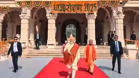 Representatives of tribal and forest-dwelling communities from Sonbhadra, invited as special guests for the flag-hoisting ceremony at the Ram temple