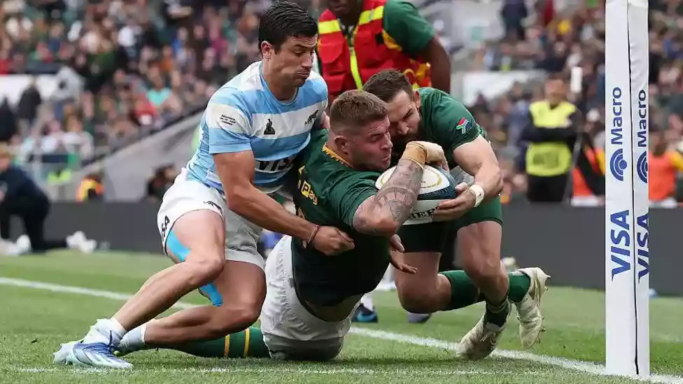 Tries: </b>Delguy 2, Isgro Cons: </b>Carreras 3 Pens: </b>Carreras 2 Tries: </b>Reinach 2, Marx 2 Cons: </b>Mngomezulu 3 Pen: </b>Mngomezulu South Africa overpowered Argentina at Allianz Stadium to win back-to-back Rugby Championships for the first time.</b>