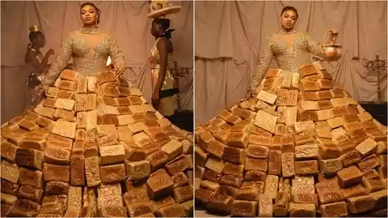 TV star’s ‘bread dress’ at African awards triggers backlash over food wastage