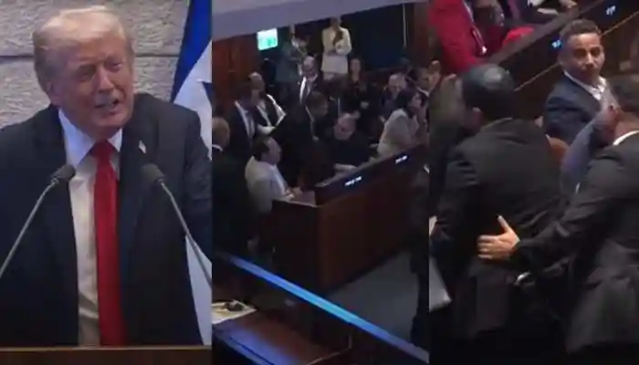 Two Knesset members were expelled from the Israeli Parliament after they tried to disrupt US President Donald Trump's speech. Two Knesset members were expelled from the Israeli Parliament on Monday after they tried to disrupt US President Donald Trump's speech. A few minutes into Trump's address, the lawmakers, Ayman Odeh and Ofer Cassif, stood up holding signs. Ushers promptly escorted them out of the chamber. Trump praised the ushers for their quick action, saying, “That was very efficient of you.”Two Knesset members were expelled from the Israeli Parliament after they tried to disrupt US President Donald Trump's speech. Two Knesset members were expelled from the Israeli Parliament on Monday after they tried to disrupt US President Donald Trump's speech. A few minutes into Trump's address, the lawmakers, Ayman Odeh and Ofer Cassif, stood up holding signs. Ushers promptly escorted them out of the chamber. Trump praised the ushers for their quick action, saying, “That was very efficient of you.”