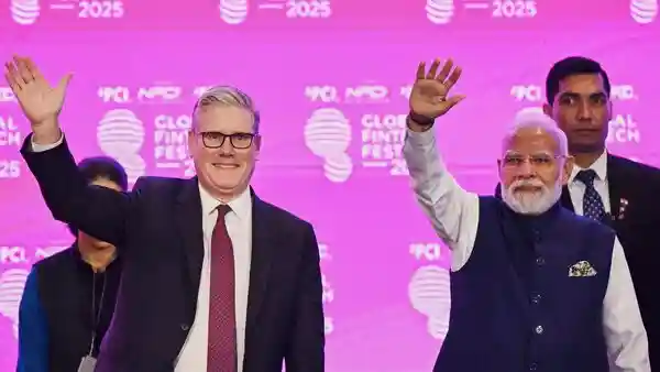 UK PM Keir Starmer, who is in India for an official visit, kicked off his address at the Global Fintech Fest (GFF) 2025 in Mumbai on Thursday, with a warm Hindi greeting. He said, “Namaskar Mumbai', Mujhe yaha aakar bahot khushi hui,” meaning “ I am happy to be here.”UK PM Keir Starmer, who is in India for an official visit, kicked off his address at the Global Fintech Fest (GFF) 2025 in Mumbai on Thursday, with a warm Hindi greeting.He said, “Namaskar Mumbai', Mujhe yaha aakar bahot khushi hui,” meaning “ I am happy to be here.”PM Keir Starmer landed in India on Wednesday, October 8. This marks his first ever visit to the nation.Starmer's visit to India also comes days after the historic India-UK (FTA) Free Trade Agreement, that was finalised in July – which will increase market access, cut tariffs, and is expected to result in doubling bilateral trade by 2030.Ahead of the Fintech Fest, Prime Minister Narendra Modi held bilateral talks with Starmer, at Raj Bhavan in Mumbai on Thursday.