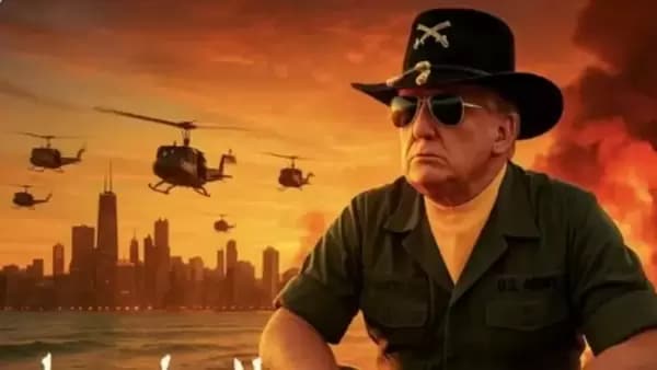 United States President Donald Trump on September 6 hinted a major immigration action in Chicago. He also shared a striking AI-generated image of himself dressed in military gear with flames in the background, inspired by the 1979 war movie poster “Apocalypse Now”.