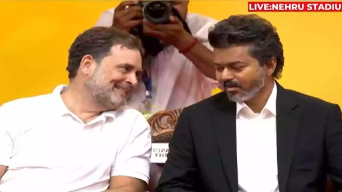 At the swearing-in ceremony inside Chennai’s Jawaharlal Nehru Stadium, Rahul Gandhi stood smiling beside his ally Vijay as the Tamilaga Vettri Kazhagam (TVK)