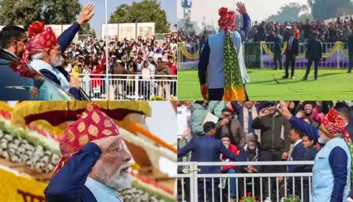 <strong>77th Republic Day: </strong>Prime Minister Narendra Modi wore a deep maroon Rajasthani-style safa (pagdi), which immediately attracted